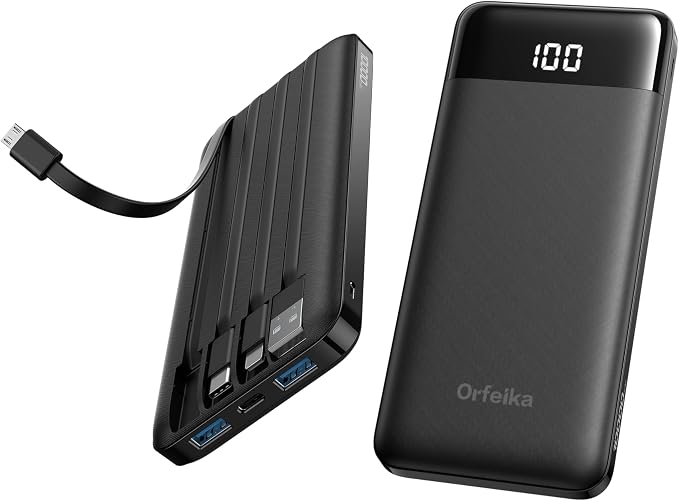 Orfeika Fast Charging Portable Charger Power Bank with Built-in 4 Cables | 10000mAh|Ultra-Slim&Light|Flight-Safe|Power 6 Devices at Once|22.5W|Battery Pack For iPhone,Samsung,Google|Travel Essentials by Orfeika