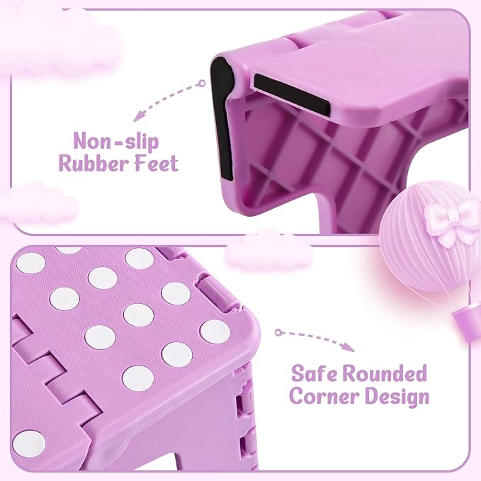 9 Inch Foldable Step Stool for Kids, 300 lb, Light Purple | Lightweight Plastic Small Foldable Step Stool with Handle, Non-Slip, for Kitchen, Bathroom, Bedroom and Closet - Image 6