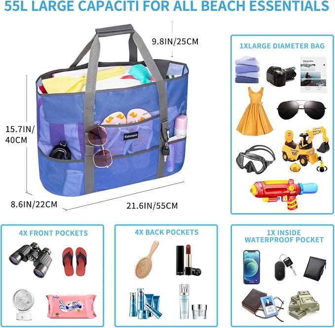 KABAQOO Mesh Beach Bag, Extra Large Beach Bags with 9 Pockets & Zipper Waterproof Lightweight Beach Tote for Beach/Pool Trip - Image 4