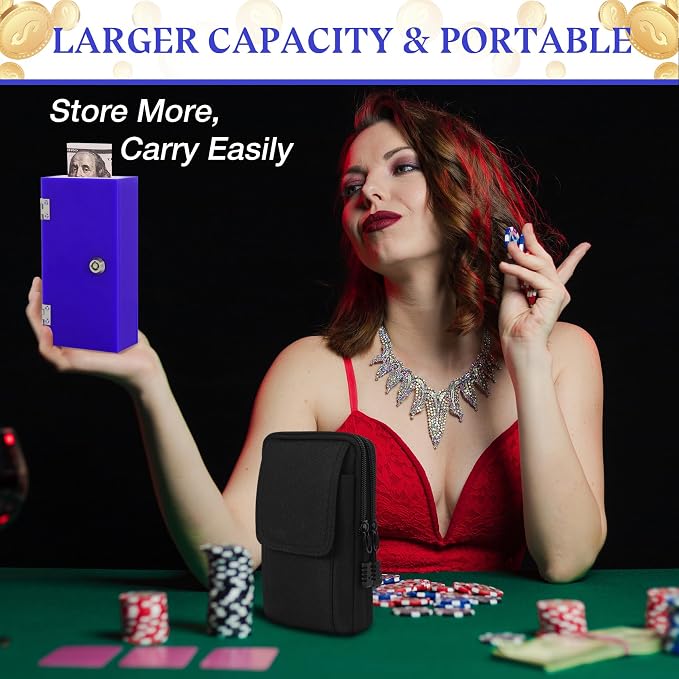 Acrylic Cash Box for Gambler 2 Pack Large and Small, Winners Bank with Keys, Slot, Storage Bag, Waist Bag, Portable Casino Money Organizer Safe Lock Box for Gamblers, Navy Blue - Image 4