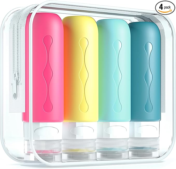 Gemice Travel Bottles for Toiletries, Tsa Approved Travel 3oz Size Containers with Clear Bag, BPA Free Leak Proof Travel Tubs Refillable Liquid Travel Accessories for Cometic Shampoo Lotion (4 Pack) by GemiceBeautyTools