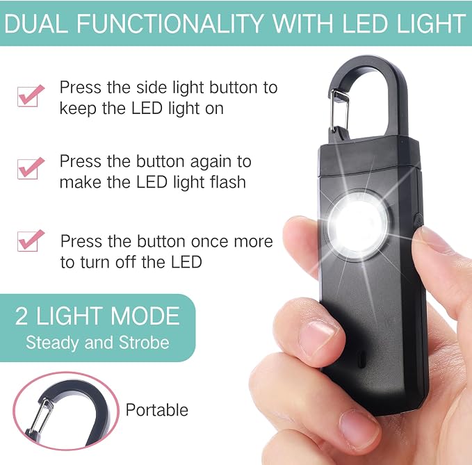 Tellegloww 6 Pcs 130 dB Personal Safety Alarm for Women, Personal Alarm Keychains Loud Siren with LED Strobe Light & Low Battery Notice Rechargeable Self Defense Keychain for Mom(Black,Pink,Blue,Snap) - Image 4