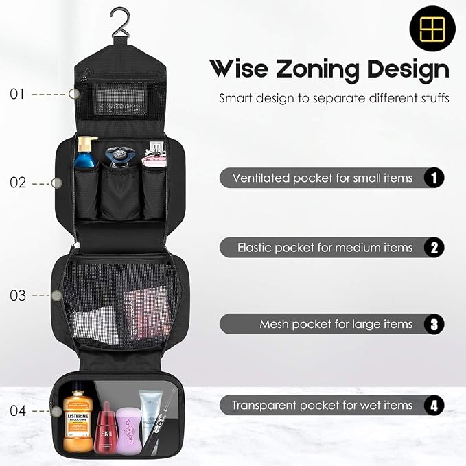 Travel Toiletry Bag for Women, Dopp Kit for Men, Waterproof Makeup Bag Shaving Bag with Hanging Hook, Portable Toiletry Organizer for Traveling and Camping - Image 3