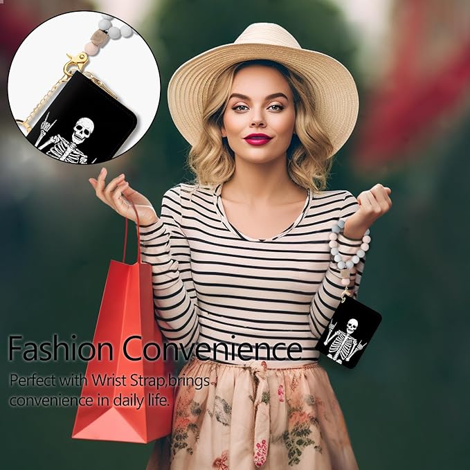 Blusabaca RFID Credit Card Holder Small Women Travel Wallet, Skull Skeleton | Removable Keychain, Case with Zipper, Vegan PU Leather, Cash Coin Pocket, Business Accordion Purse, Ladies Female Gift - Image 2