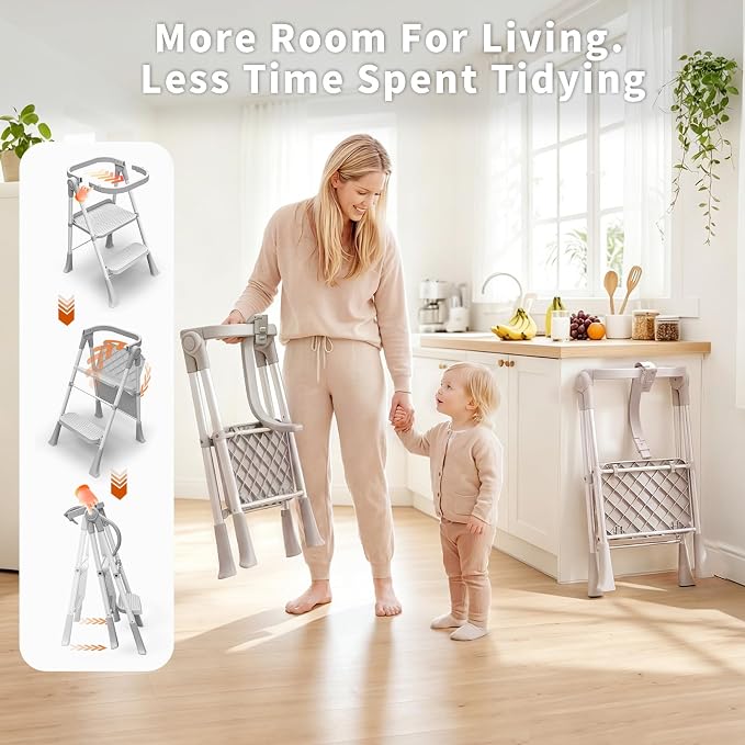 Foldable Toddler Standing Tower, Kitchen Helper Stool for Kids 1.5-6 Years | Safety Rail & Net Foldable Design Non-Slip Stable Easy Clean Portable Space Saving Storage Quick Assembly Montessori Grey - Image 9