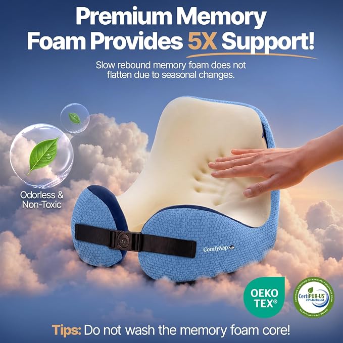 ComfyNap® Versatile Travel Neck Pillow for Airplane [Patented], 9 Positions in 3 Techniques, Plane Pillow with Pure Memory Foam, Travel Pillow with HeadRest Flight Sleep, Travel Essential - Zeus - Image 4