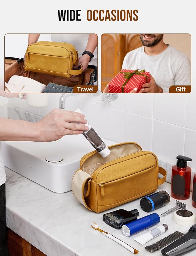 PU Leather Toiletry Bag for Men - Water Resistant Travel Bag for Toiletries, Bathroom Essentials, Accessories - Yellow - Image 6