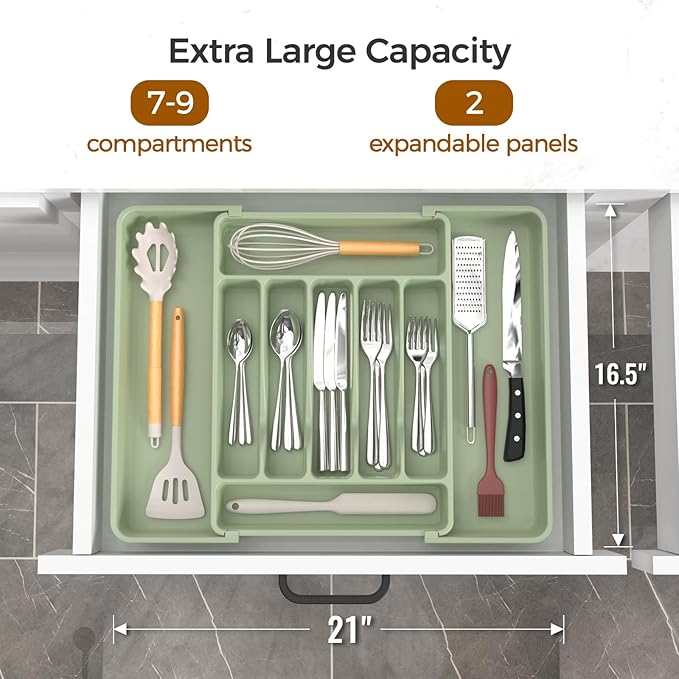 ukeetap Extra Large Expandable Silverware Organizer, Flatware Tray, Green | BPA-Free Food-Safe Kitchen Utensil Cutlery Drawer Organizer, Adjustable Silverware Holder for Spoons Forks Knives - Image 2