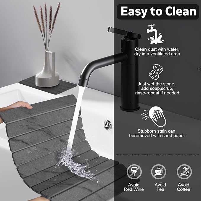 Large Stone Dish Drying Mat for Kitchen Counter, Quick Dry Dish Drying Mats, Foldable Absorbent Diatomaceous Earth Mats for Plate Rack Bottles Cups, Match Any Countertop (Gray Marble 24"×16" & 8"x4") - Image 6