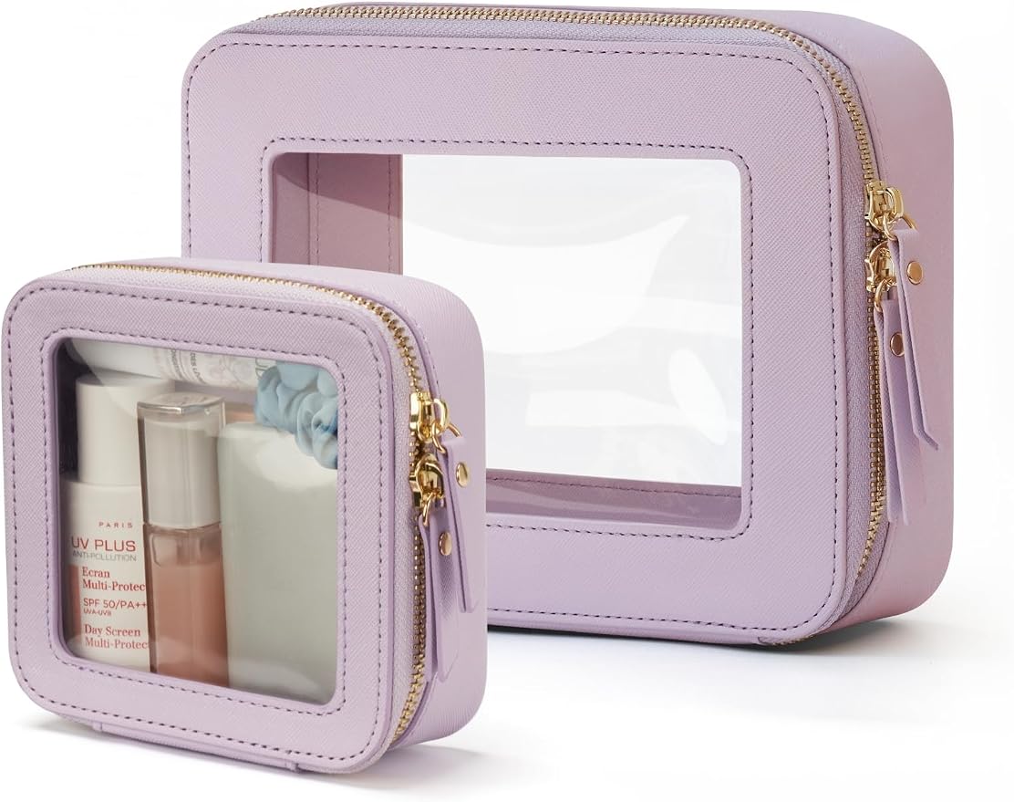 Clear Makeup Bag with Zipper, Set of 2, Mini and Medium, Purple | Clear Travel Bags for Toiletries, Structured Cosmetic Case for Women, Waterproof PU Leather, Wide Open Portable Car Organier by POPVIBE