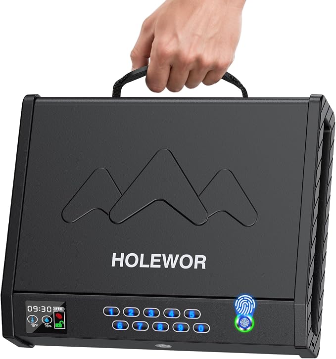 Handheld Portable Biometric Gun Safe for Handgun 3 Ways of Access | Fingerprint Pistol Safe Quick Access with LCD Temperature Humidity for Bedside, Travel, Car, Fit 2 Handguns by HOLEWOR