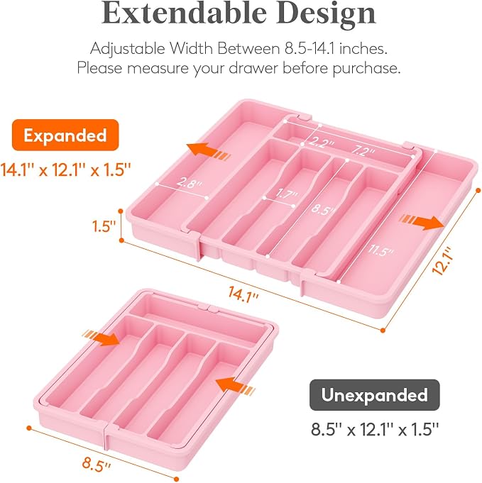 Lifewit Expandable Silverware Drawer Organizer, Kitchen Utensil Tray | BPA-free Plastic Flatware Cutlery Holder, Space-Saving Storage for Spoons Forks Knives, 8.5-14 x 12 x 1.5“, Pink - Image 2