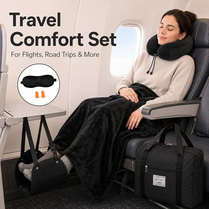 Travel Pillow and Blanket Set - Foot Hammock Rest Airplane Essentials Black | Memory Foam Neck Pillow Plane Foot Rest Airplane Accessories Essentials, Foldable Duffel Bag Eye Mask Earplugs for Comfort - Image 7
