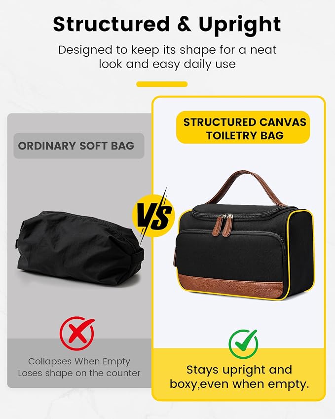 Vorspack Structured Canvas Travel Toiletry Bag for Men, Medium-Black | Upright Travel Bag with Wet Pocket, Wide Opening, Bathroom Organizer for Shaving Grooming Skincare, Travel Essentials, Gifts - Image 2