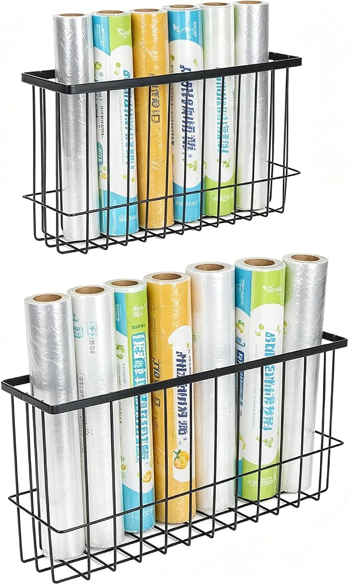2 Pack Magnetic Aluminum Foil and Plastic Wrap Organizer,Wall Mounted Cabinet Door Organizer,Kitchen Pantry Organizers and Storage,Wrapping Paper Shelf for Sandwich, Freezer, Ziplock Bag, Black by Unknown