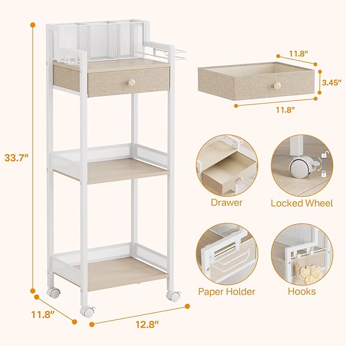 3 Tier Bathroom Organizer Shelf with Drawer, Rolling Makeup Cart | Large Make up Organizers, Cosmetics Display Cases for Hair Tool, Skincare, Kitchen, Bedroom, Laundry Room, Dorm, 12.8in - Image 3