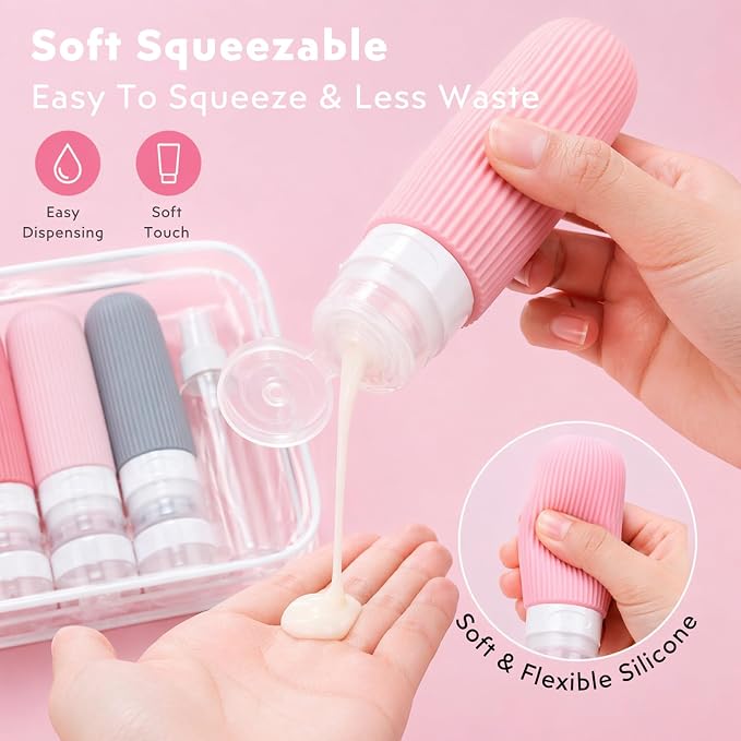 16 Pack Travel Bottles Set - TSA Approved Containers for Toiletries, Leak Proof Silicone Travel Size Containers with Jars, Spray Bottles & Clear Bag for Shampoo, Lotion - Image 8