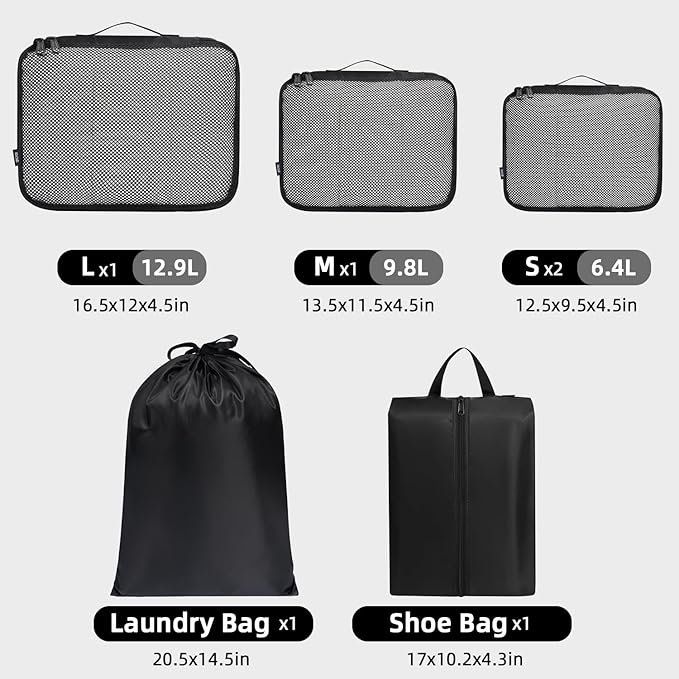 BAGAIL 6 Set Packing Cubes Luggage Packing Organizers for Travel Accessories-Black - Image 2