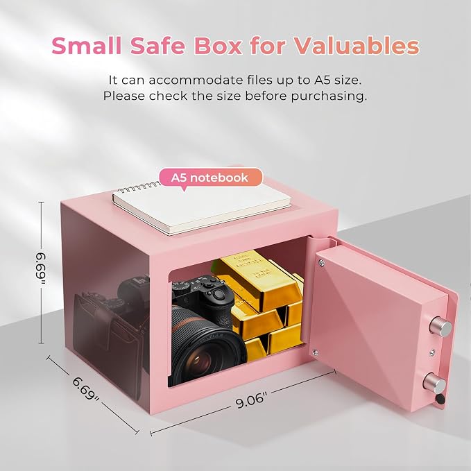 Small Safe Box for Home,Wall Safes 0.23 Cubic Feet, Heavy Duty Steel Safety Lock Box with 3 Keys for Money, Passort, Jewelry 9.06"x 6.69"x 6.69" Pink - Image 3