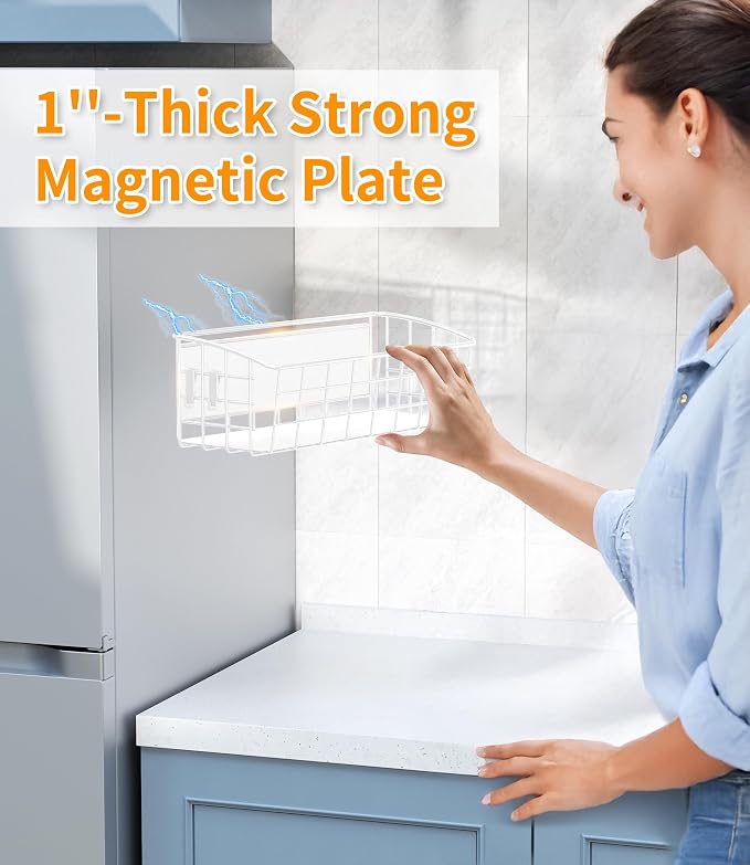 2Pack Magnetic Shelf for Refrigerator with Removable Hooks(White) | Strong Magnetic Spice Rack for Kitchen Storage, Fruit Potato Onion Storage Shelves, Large Magnetic Basket Organizer - Image 6