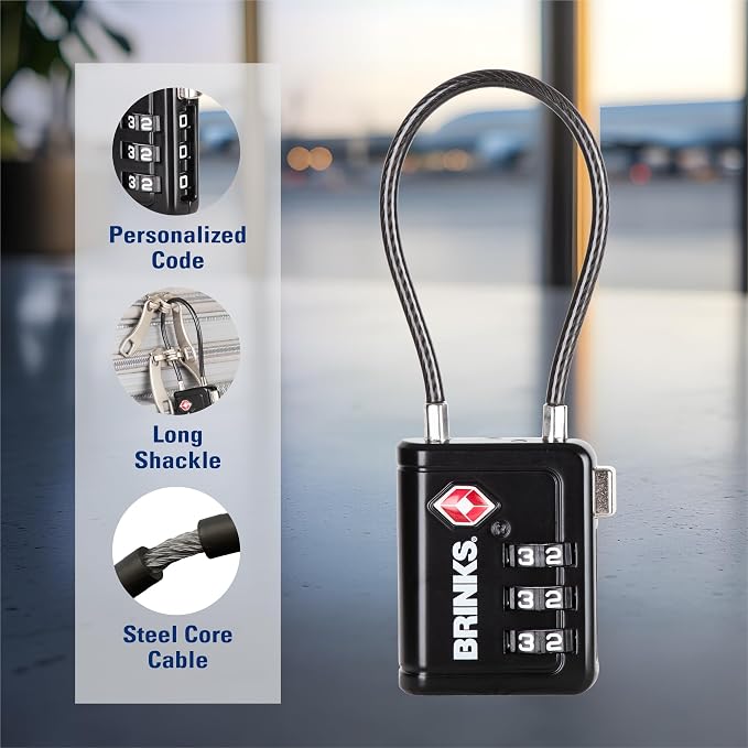Brinks TSA Accepted Indicator Luggage Lock, Black - Resettable 3-Dial Combination, 2.5 inch Long Cable Shackle, New More Secure TSA008 Key, 4 Pack - Image 4