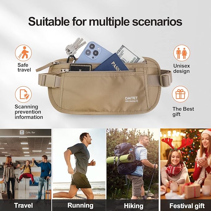 Money Belt - Passport Holder Secure Hidden Travel Wallet with RFID Blocking, Undercover Fanny Pack (Beige) - Image 5
