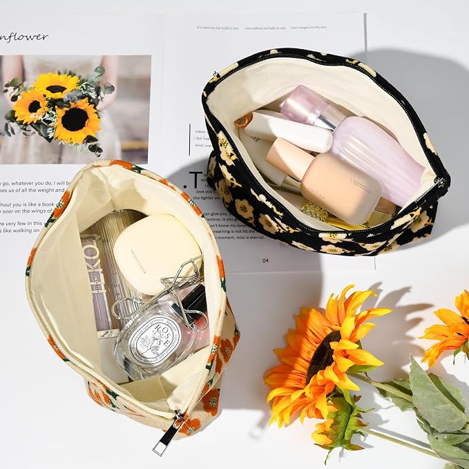 SOIDRAM 2 Pieces Flower Makeup Bag Large Corduroy Cosmetic Bag Capacity Canvas Travel Toiletry Bag Organizer Cute Makeup Brushes Aesthetic Accessories Storage Bag for Women, Flower L Orang Black - Image 4