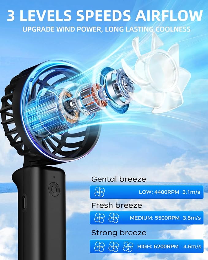 Portable Handheld Fan, Mini Desk Fan Foldable 2000mAh, 180° Ratotion, 3 Speeds, Ultra Quite, Up to 8H Long Use Time, Small Personal Cooling Fans Makeup Lash Fan for Women Girls - Image 5