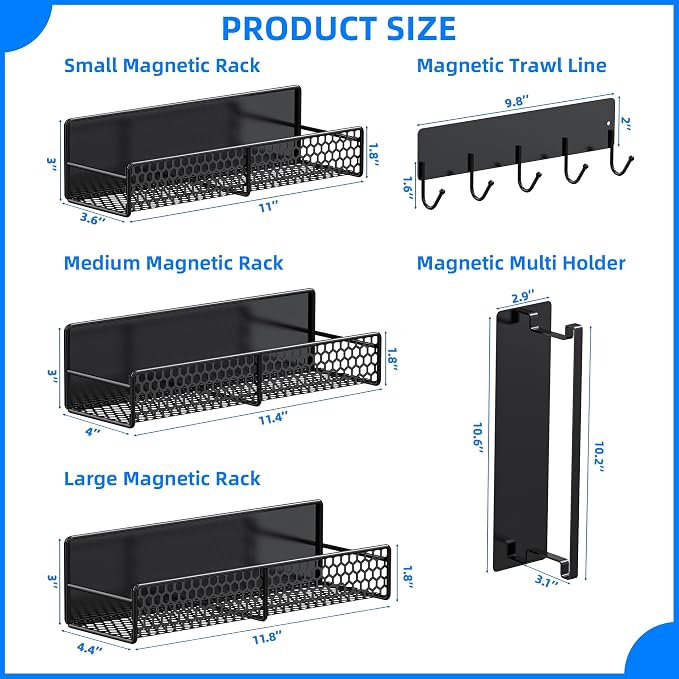 5 Pack Multifunctional Magnetic Shelves for Washing Machine & Refrigerator - Heavy Duty Laundry Room Organization System with Tool Hooks, Metal Storage Baskets (Black) - Image 2