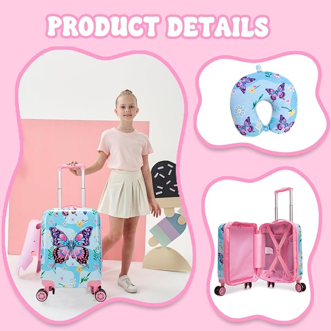 Kids Luggage Sets 2 Piece Rolling Suitcases with Wheels for Girls Hardshell Toddler Suitcase Set with Neck Pillow Airplane 16 Inch Kids' Carry on Luggage Blue Butterfly - Image 4