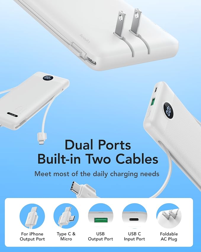 VRURC 10000mAh Portable Phone Charger, Built-in AC Plug & Cables, White | 22.5W fast charging, LED display, built-in Micro/USB-C/Phone cables, airline approved travel accessory,8 oz - Image 2
