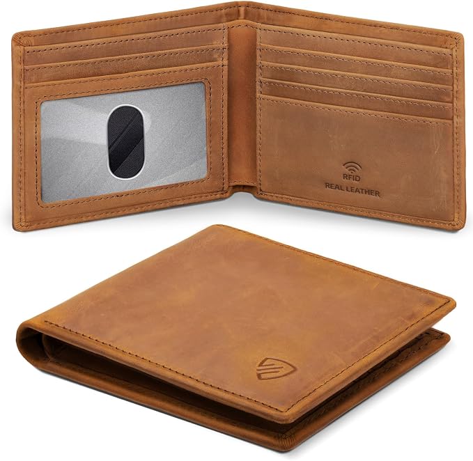 RUNBOX Wallet for Men|Slim Bifold Rfid Blocking Leather Wallet|Front Pocket | Genuine Leather,Handmade,8 Card Slots,ID Window,Money Pocket,Coin Pocket, Gift for Men,Minimalist Compact by RUNBOX