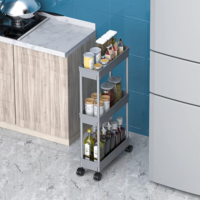 Sooyee Slim Storage Cart,3 Tier Bathroom Rolling Utility Cart Storage Organizer Slide Out Cart, Mobile Shelving Unit Organizer Trolley for Office Bathroom Kitchen Laundry Room Narrow Places, Grey - Image 4
