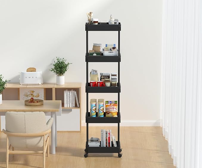 Sooyee 5-Tier Plastic Rolling Utility Cart with Wheels, Multi-Functional Storage Trolley for Office, Living Room, Kitchen, Movable Storage Organizer, Black - Image 6