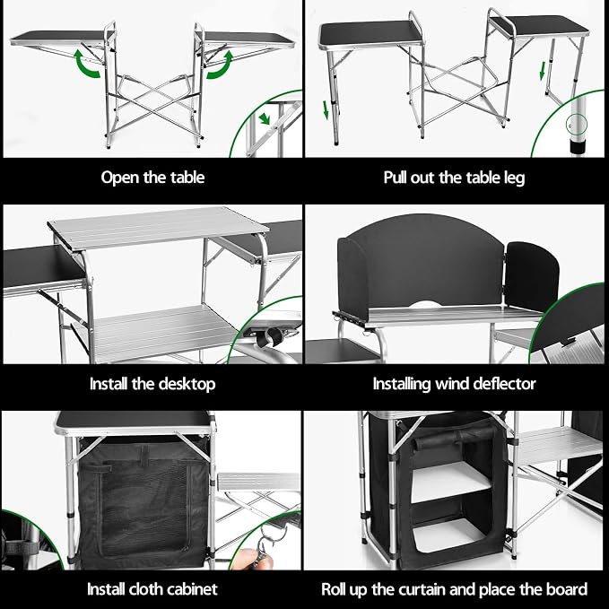 CampLand Folding Camping Kitchen Table with Windscreen,Portable Outdoor Cooking Station with Storage Cabinet & Side Tables Heavy Duty Camp Cook Station for Camping & BBQ (Black2cabinet) - Image 4