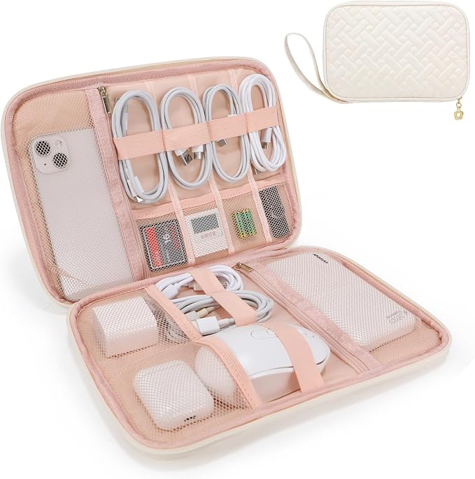 Electronics Organizer Travel Case, Charger Bag Cord Organizer Travel, Compact Tech Pouch Cable Organizer Bag for Charger, Cords, Phone, Headphones, Flash Drive, SD Card (Beige, Large-Single Layer) by ZFZGFRCS