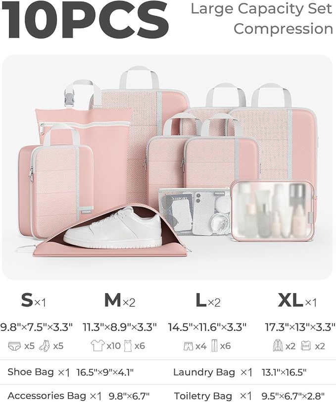 Percover Compression Packing Cubes for Travel, 10-Piece Structured Compression Organizer Set with Toiletry Bag, Laundry Bag & Shoe Bag for Carry-On & Checked Luggage, Pink - Image 2