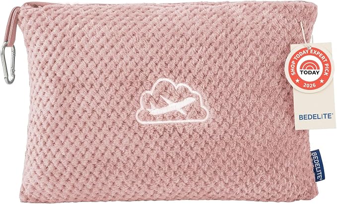 BEDELITE Travel Blanket with Bag, Jacquard Fleece Blanket 65"x40", Pink | Ultra-soft Airplane Blanket, Luggage Sleeve & Backpack Clip, Travel Essentials for Women, Foldable as Pillow for Long Flight by BEDELITE