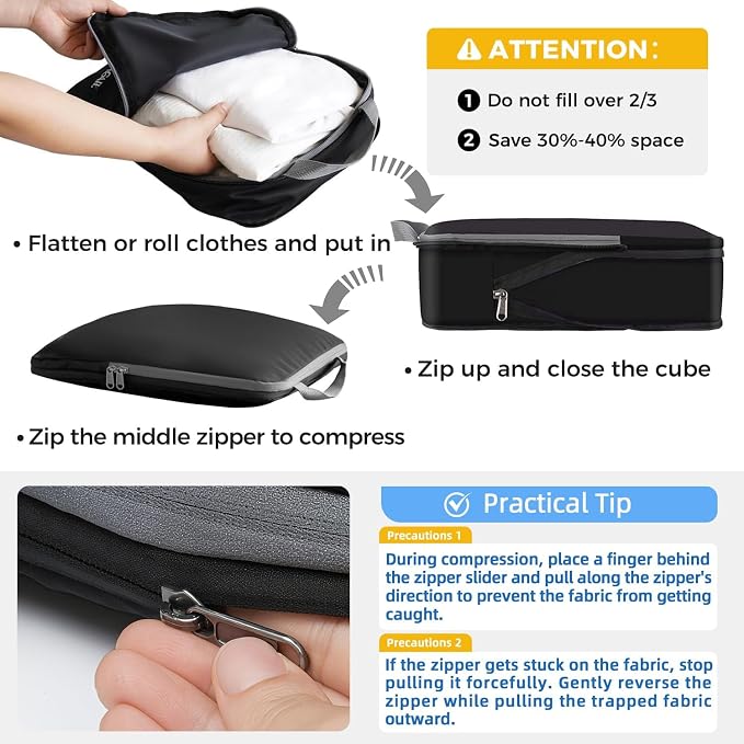BAGAIL 4 Set/6 Set/8 Set Compression Packing Cubes Travel Accessories Expandable Packing Organizers (Cloth Pattern, 4-Black) - Image 4