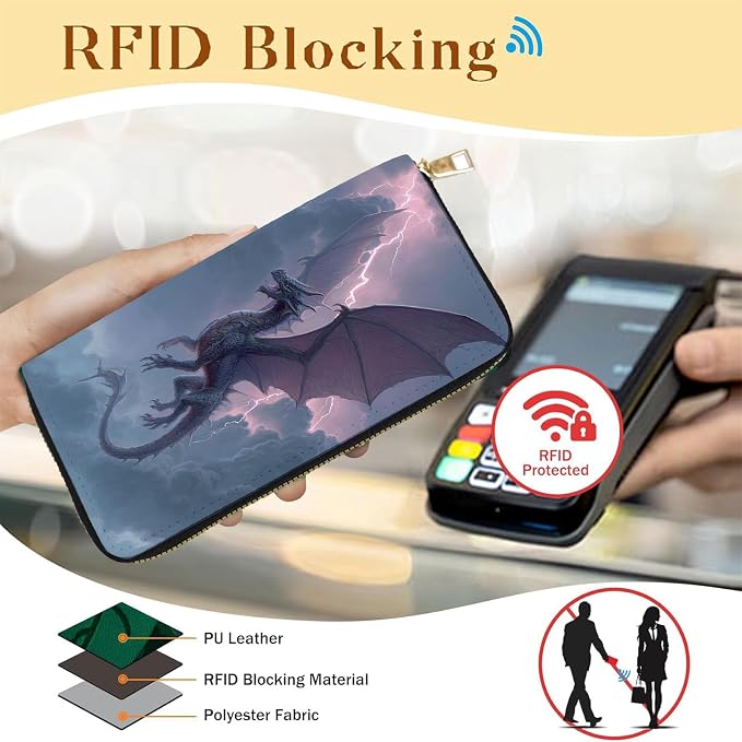 Women's RFID Blocking PU Leather Zip-Around Wallet, Large Capacity Clutch with Phone Holder, Travel Purse & Card Organizer with Removable Wristlet,Purple Dragon - Image 2