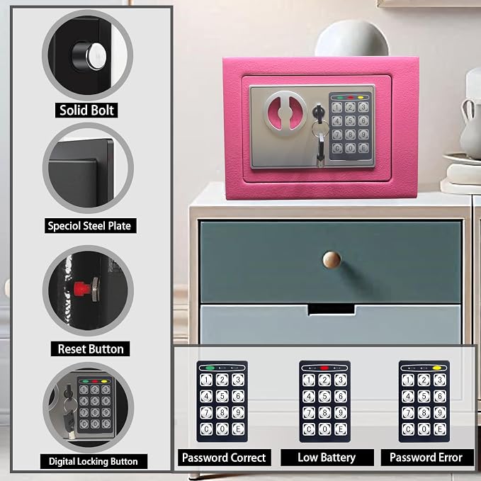 Yuanshikj Small Steel Security Safe Box with Keypad,Key;0.23 Cu Ft, Pink | Electronic Digital Secure,9.1" W x 6.7" D x 6.7" H,Hidden for Home Dorm Apartment Hotel Office Cash Jewelry Storage - Image 2