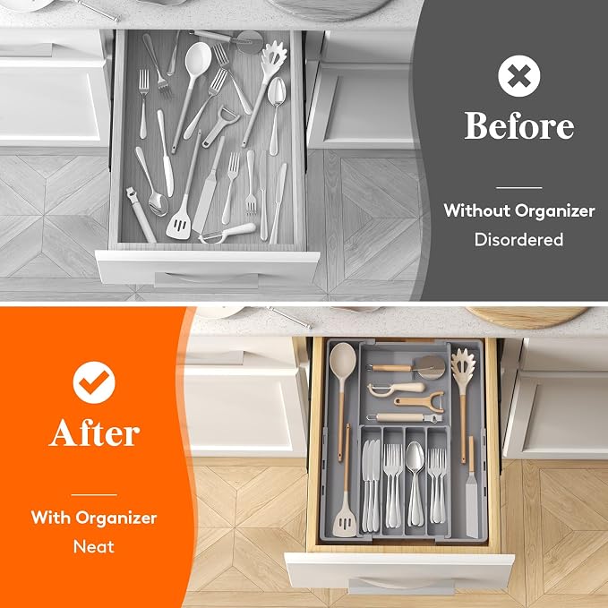 Lifewit Expandable Silverware Drawer Organizer, Utensil Tray for Kitchen | BPA Free Flatware and Cutlery Holder, Adjustable Plastic Storage for Spoons Forks Knives, 8.9-14.2 x 11.3-19.4 x 1.7", Gray - Image 8