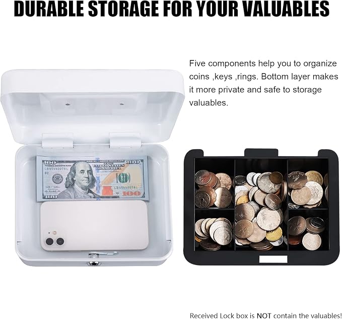 KYODOLED Medium Cash Box with Money Tray,Small Safe Lock Box with Key,Cash Drawer,7.87"x 6.30"x 3.54" White Medium - Image 4