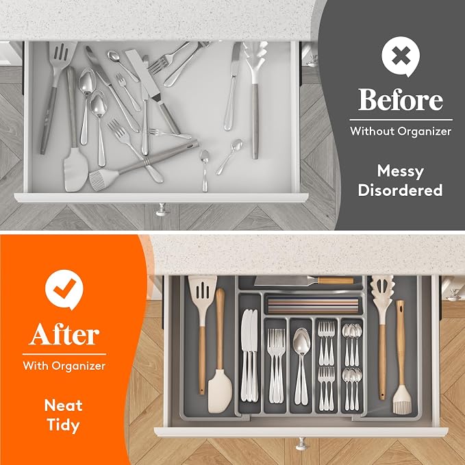 Lifewit Expandable Silverware Drawer Organizer, Kitchen Utensil Tray | BPA-free Plastic Flatware Cutlery Holder, Space-Saving Storage for Spoons Forks Knives, 13-22.4 x 15“, Gray - Image 8
