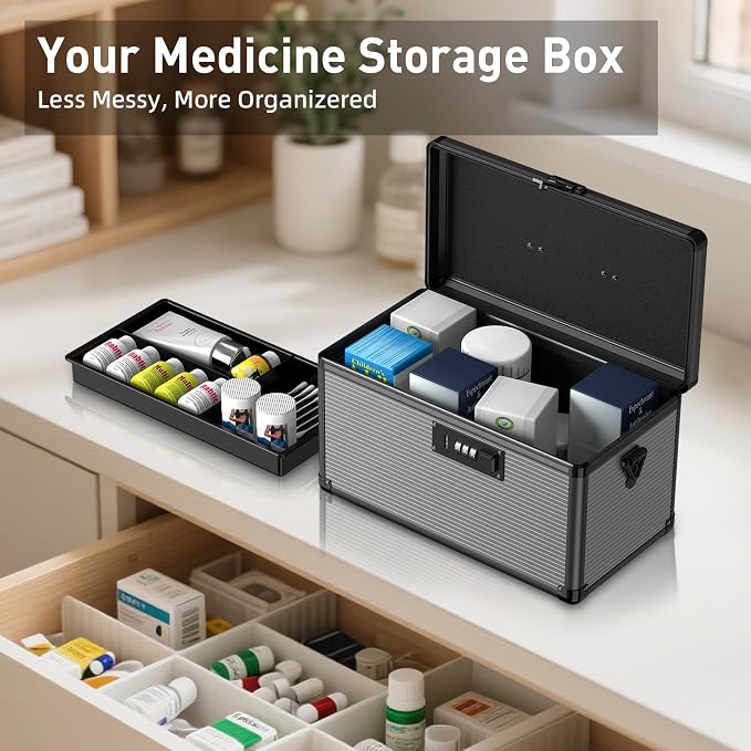 Medicine Lock Box with Code, Locking Medicine Box with Removable Tray & Pocket Bag, Portable First Aid Box for Home&Travel, 14 * 8.85 * 7.5 Inch (Black) - Image 7