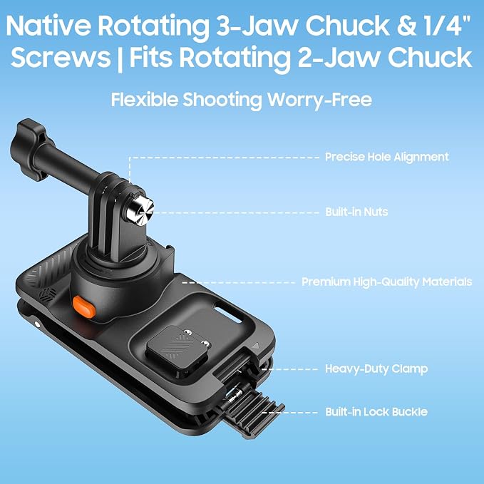 Camera Clip for Backpack Strap Mount,Adjustable Backpack Camera Mount with Multi-Function Adapter,Hands-Free POV Mount for GoPro,DJI Osmo,Insta360(Carbon Black)(No Selfie Sticks & Cameras) - Image 3