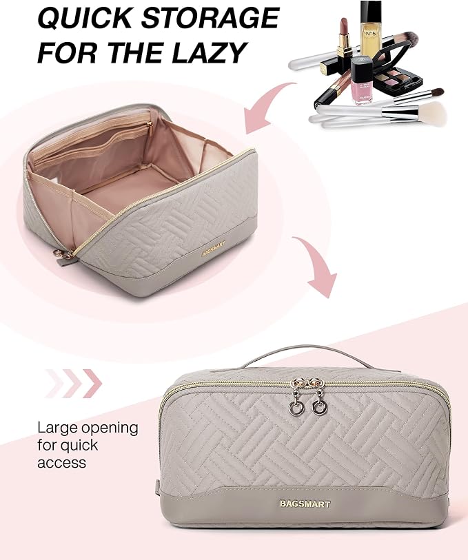 BAGSMART Makeup Bag Cosmetic Bag, Travel Makeup Bag,Water-resistent Makeup Bags for Women Portable Pouch Open Flat Make Up Organizer Bag for Toiletries, Brushes, Tranquil Gray - Image 2