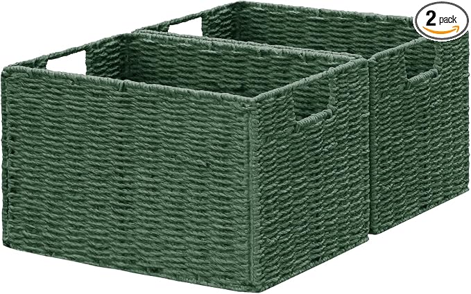 Large Wicker Storage Basket, Collapsible Baskets for Organizing | Set of 2 Hand-Woven Paper Rope Wicker Basket, 17"x 12" Closet Organizers and Storage with Handles Home Organization, Green by Vagusicc