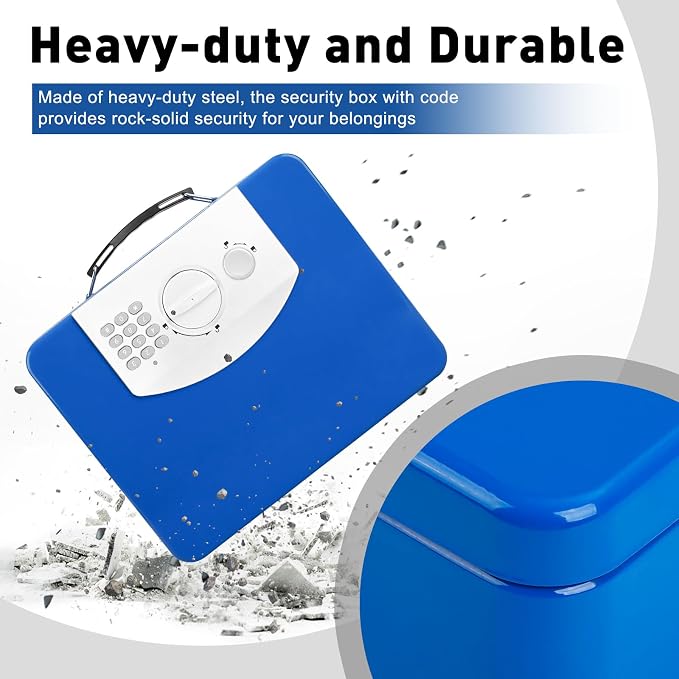 KYODOLED Blue Safe Box with Digital Keypad Lock, Lock Box with Code for Personal Items, Metal Security Box for Cash, Passport, Jewelry, Ideal for Home, Office, Garage Sale, 11.8'' x 9.4'' x 3.5'' - Image 6