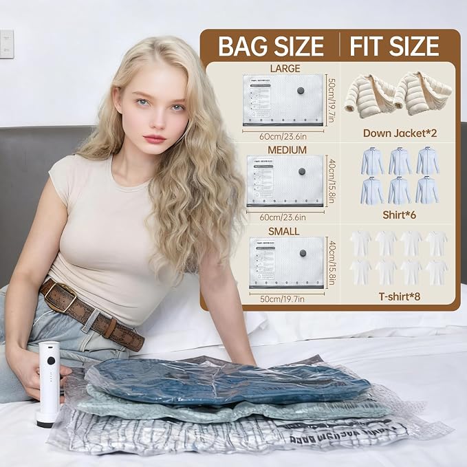 Vacuum Bags for Travel with Wireless Rechargeable Pump, 15 Pack Carry-on Size Compression Packing Seal Bags for Luggage and Suitcase, Space Saver Vacuum Storage Bags for Clothes and Clothing Travel - Image 4